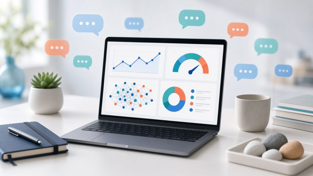 แดชบอร์ดวิเคราะห์ Social Listening บนแล็ปท็อป แสดงกราฟทัศนคติและบทสนทนาบนโซเชียลมีเดีย